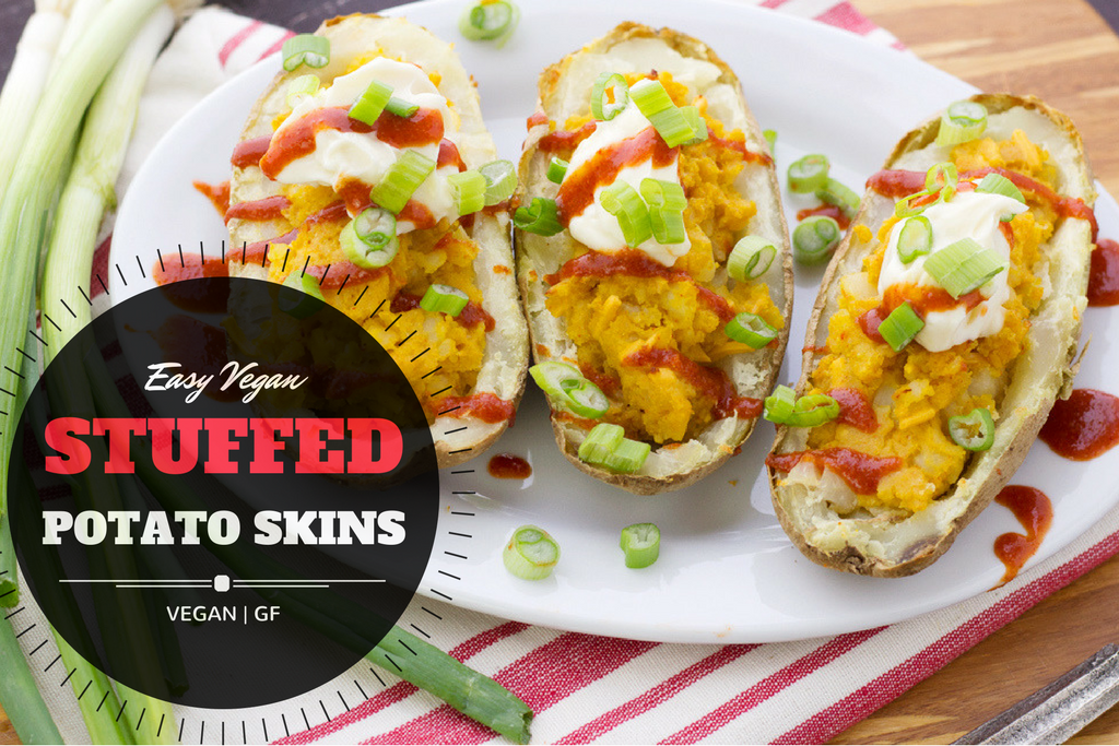 Easy vegan stuffed potato skins with nutritional yeast and sriracha!