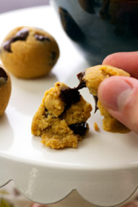 Chocolate stringing from garbanzo bean vegan cookie dough bites