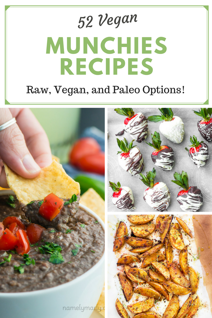 52 vegan munchies/snack food recipes! Featuring gluten-free, vegan, raw, and paleo savory AND sweet recipes!