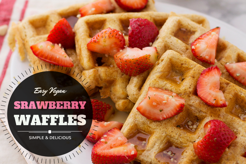 Easy Vegan Waffles with strawberries and maple syrup. Two bowls, 15 minutes, and you too can have the best vegan breakfast around (Waffles, DUH!)