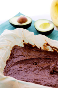 vegan avocado brownie batter poured into dish