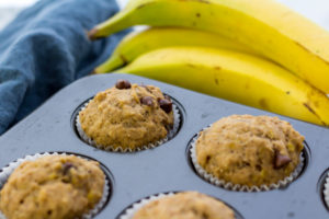 Cooked vegan banana chip muffins closeup