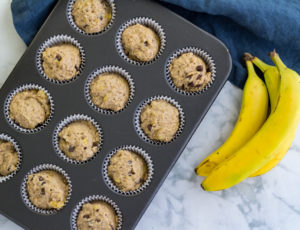 Uncooked vegan banana chip muffins overhead