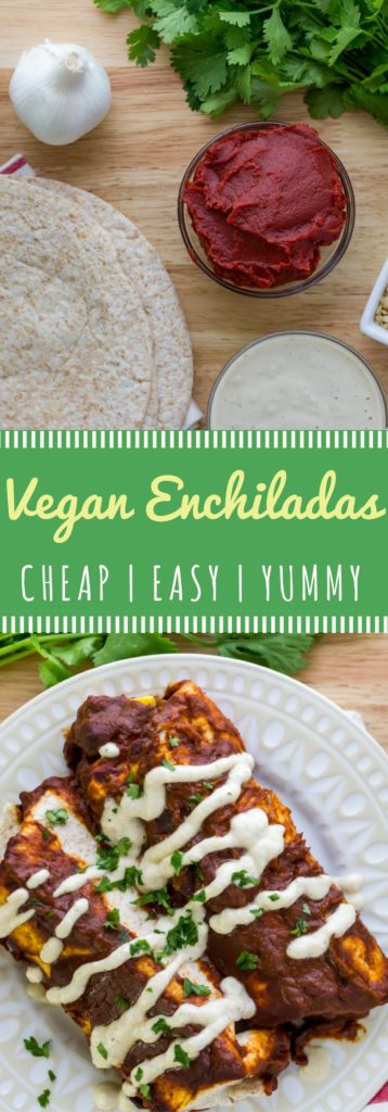 Easy vegan enchiladas from scratch that the whole family can enjoy! Beans, rice, and corn stuffed not-too-spicy enchiladas are extremely filling and healthy. Full of fabulous plant-based protein!