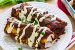 Closeup of easy vegan enchilada recipe from scratch