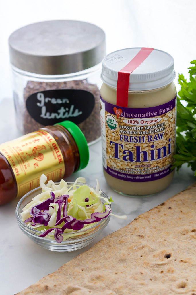 Spicy lentil wrap with tahini ingredients