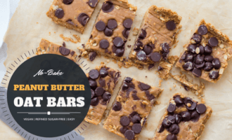 Easy vegan Peanut Butter Oat Bars. No bake, refined sugar-free, and delicious! Perfect for breakfast, snack, or dessert.