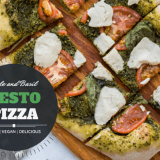 Homemade vegan pesto pizza with kale, basil, tomatoes, and miyoko's non-dairy mozzarella