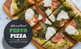 Homemade vegan pesto pizza with kale, basil, tomatoes, and miyoko's non-dairy mozzarella