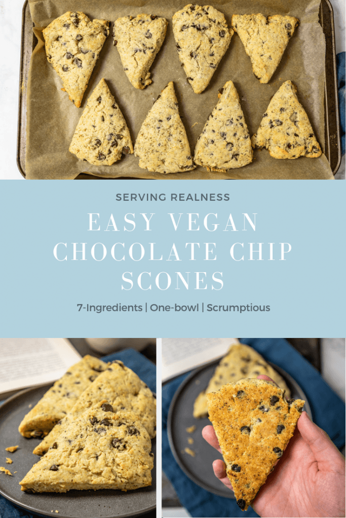 Easy vegan chocolate chip scones recipe from Servingrealness.com. 7 ingredients, one-bowl, and scrumptious!