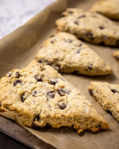 Vegan chocolate chip scones on baking tray