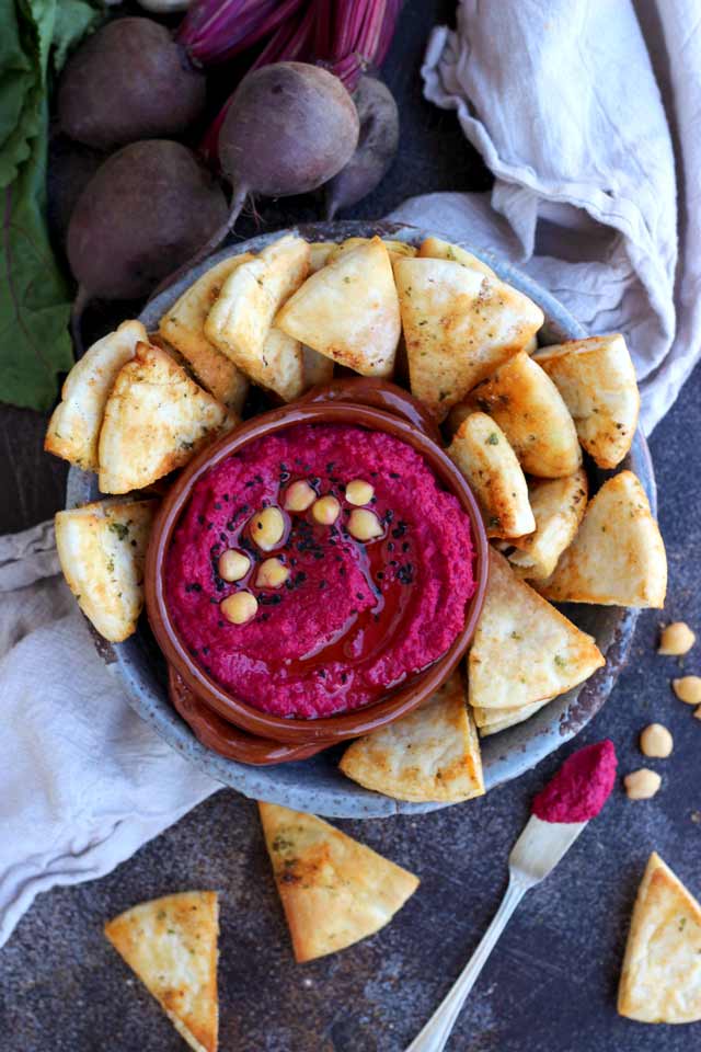 Cute, pink hummus is a perfect addition to my vegan valentine's recipes roundup